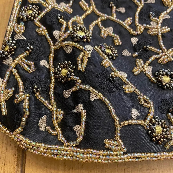 Lancôme Womens Beaded Vintage Unused Bag Black Gold Excellent Condition - Picture 12 of 14
